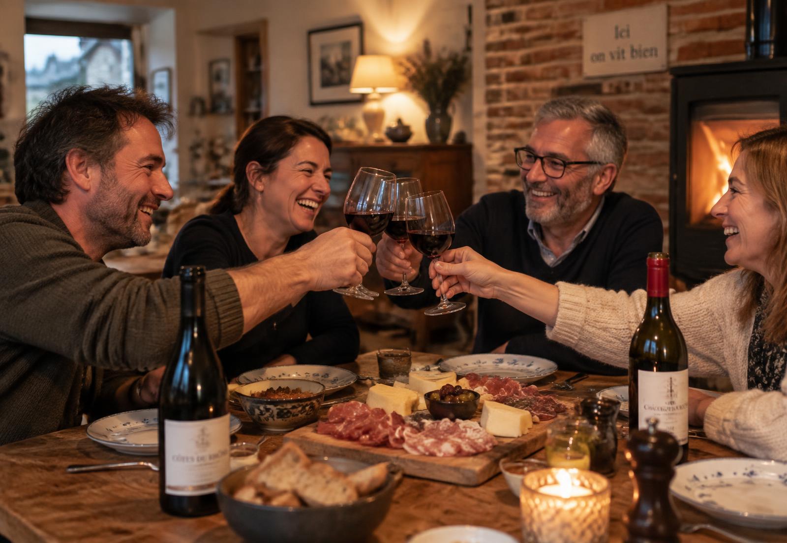 Des amis trinquent avec des verres de vin autour d'une table à la maison
